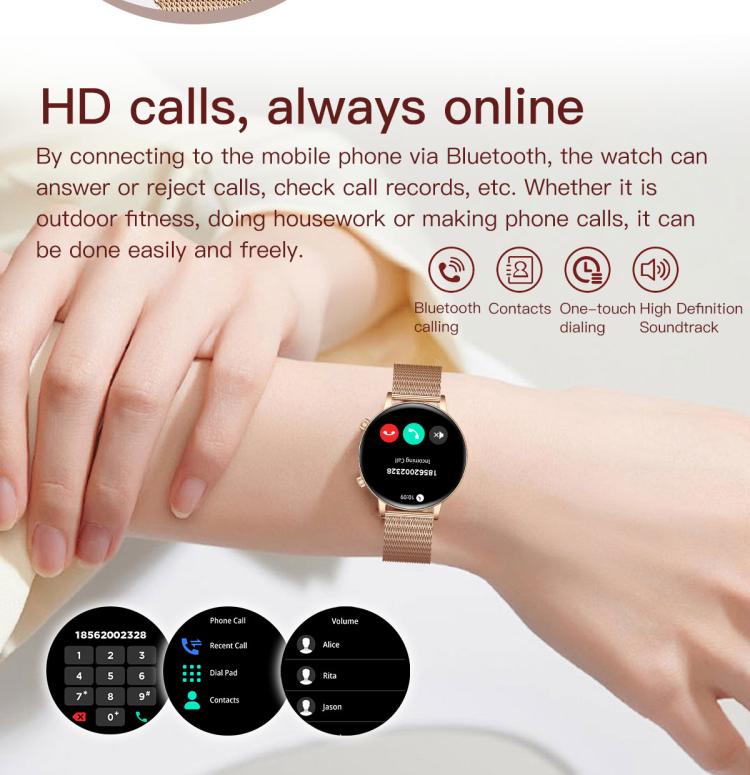 QS03 smartwatch with gold-tone mesh strap displaying call controls
