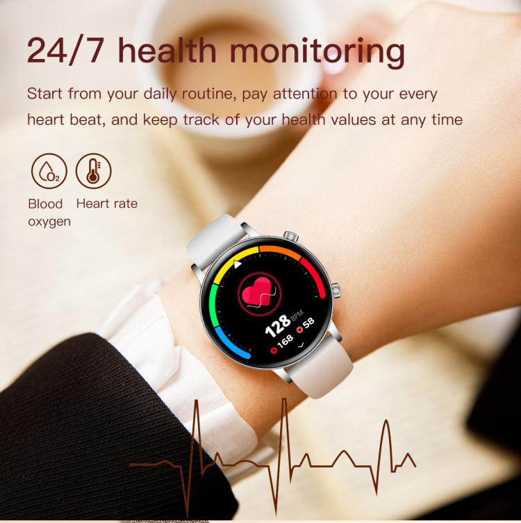 QS03 smartwatch with silver-tone case and white strap displaying heart rate data