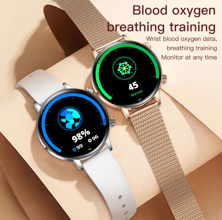 QS03 smartwatches with gold- and silver-tone cases displaying blood oxygen readings