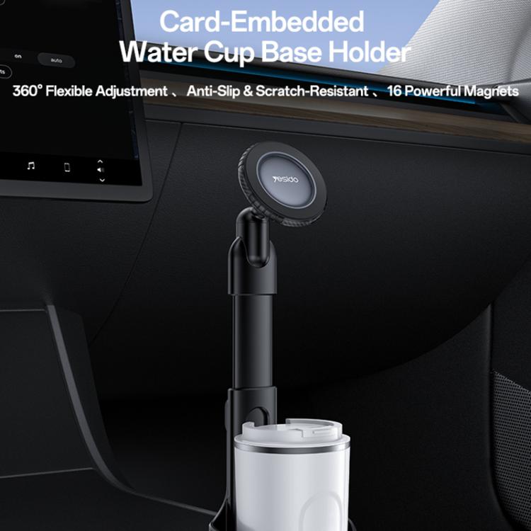 Black car cup base magnetic phone holder with circular magnetic ring mount.