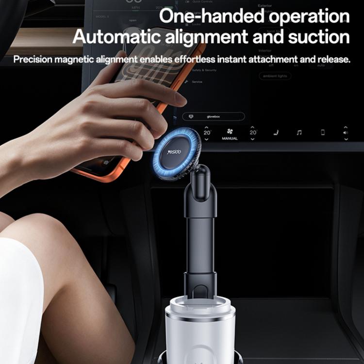 Black magnetic phone holder with suction-style attachment and extendable pole.