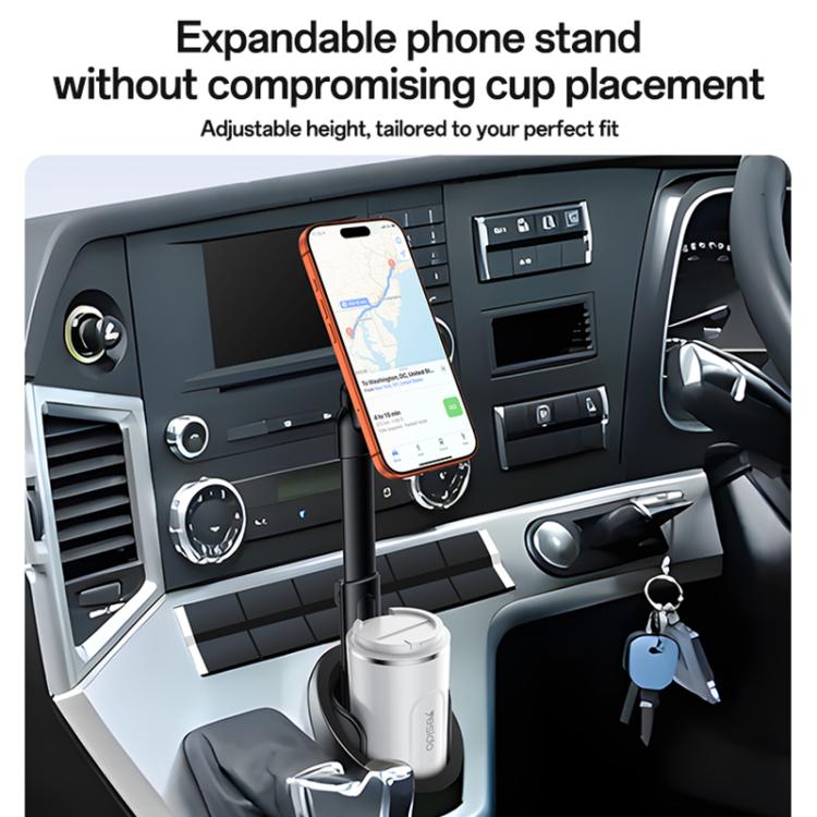 Black phone holder standing on white cup base with adjustable height pole.