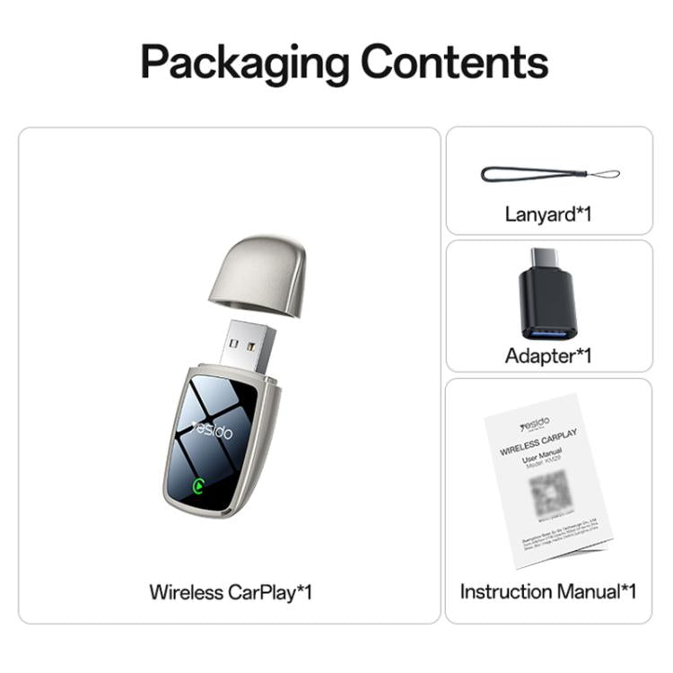 Wireless CarPlay converter kit packaging contents with adapter, lanyard, and instruction manual