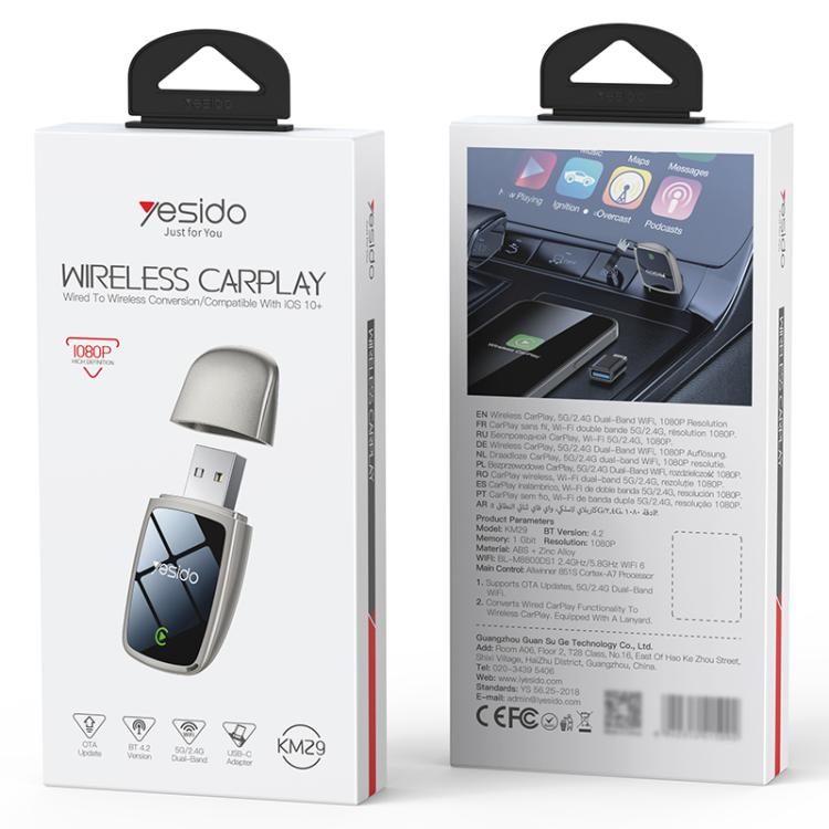 Yesido Wireless CarPlay converter box with image of KM29 dongle on front and specs back