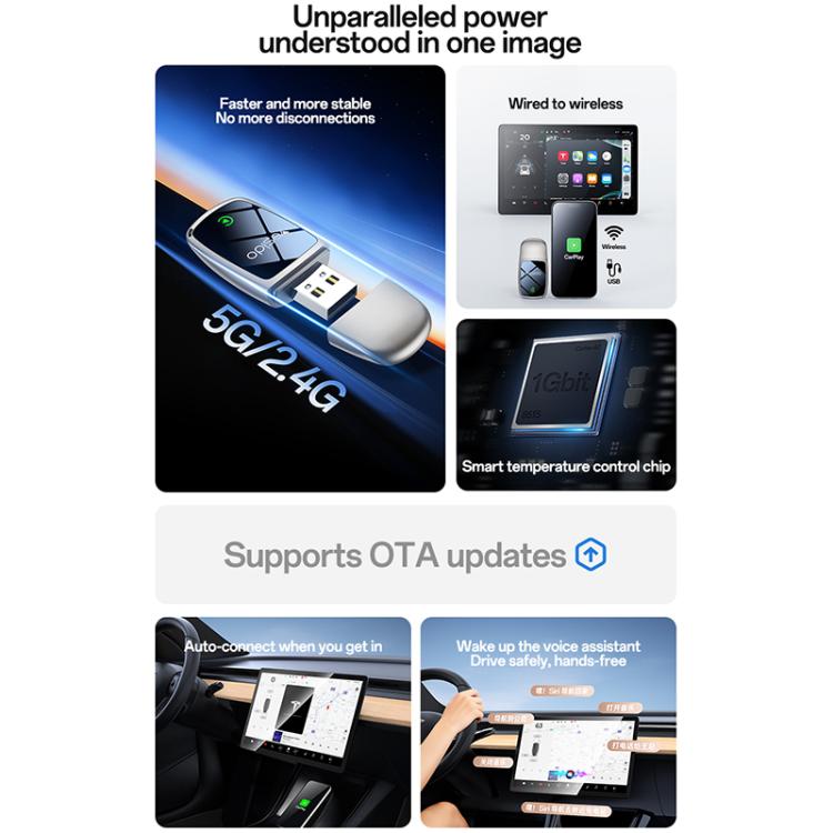 Wireless CarPlay converter device with silver body and black display window