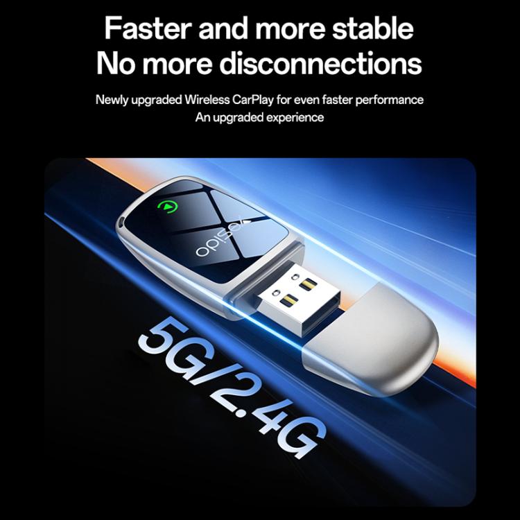 CarPlay converter dongle with silver casing, USB plug, and black status window