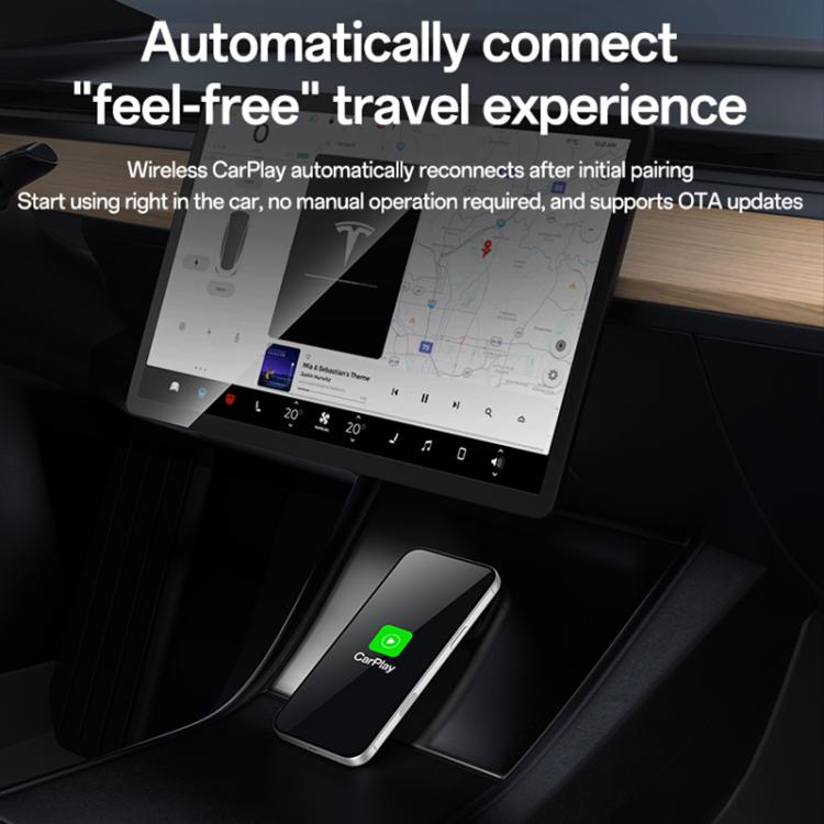 Wireless CarPlay adapter dongle with green indicator on black front screen