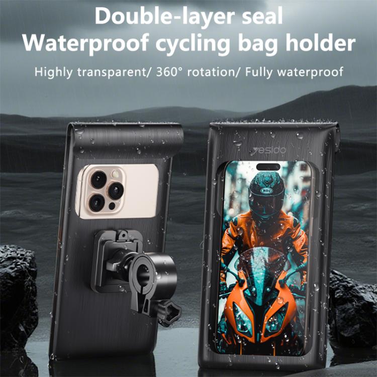 Black waterproof cycling phone bag holder with clear front window and handlebar mount