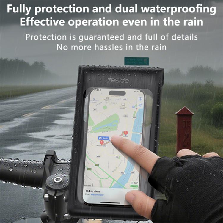 Waterproof phone bag with clear window mounted on a bike handlebar for rainy rides