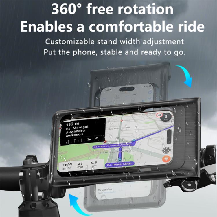 Waterproof phone holder bag on handlebar with 360-degree rotation mount