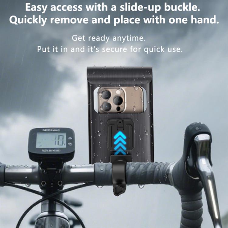 Waterproof cycling phone bag with slide-up buckle closure mounted on bike handlebar