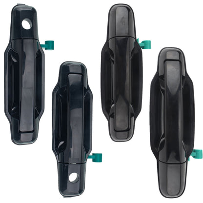Set of 4 black exterior car door handles with green mounting clips and screw holes