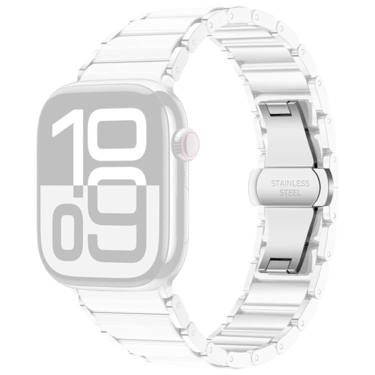 Silver and white metal watch band with folding clasp, shown attached to a pale watch