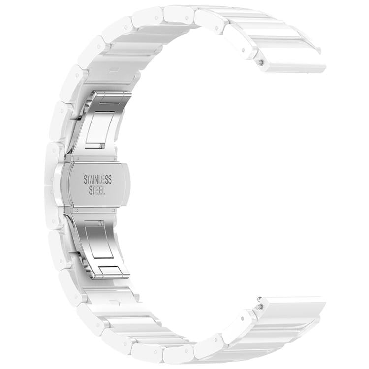 Reverse view of a silver and white metal watch band with folding clasp
