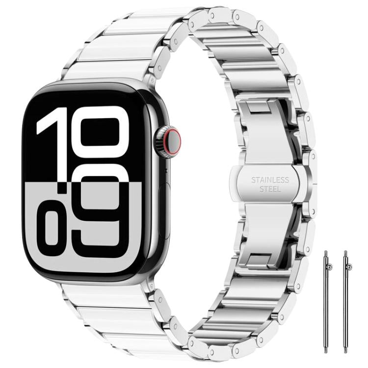 Silver and white stainless steel watch band with folding clasp and watch