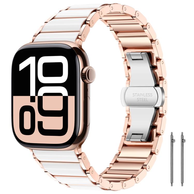 Rose gold and white stainless steel watch band with folding clasp and watch