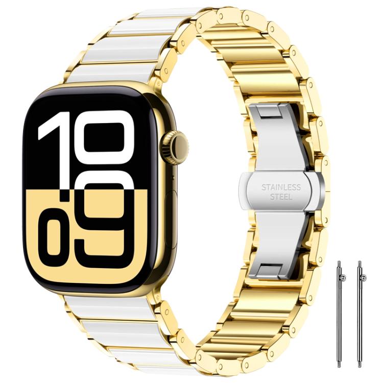 Gold and white metal watch band with linked design, clasp, and watch