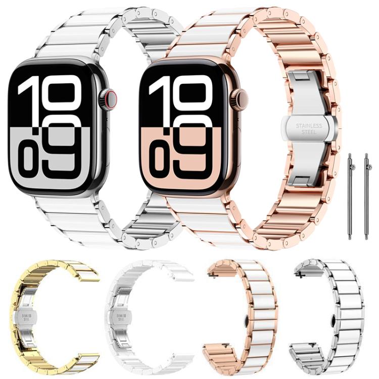 Ceramic stainless steel watch bands in silver and rose gold, shown with connector pins.