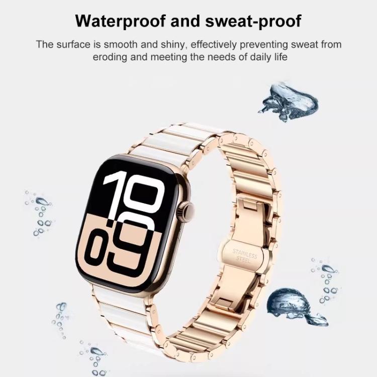 Rose gold and white ceramic stainless steel watch band shown attached to a smartwatch.