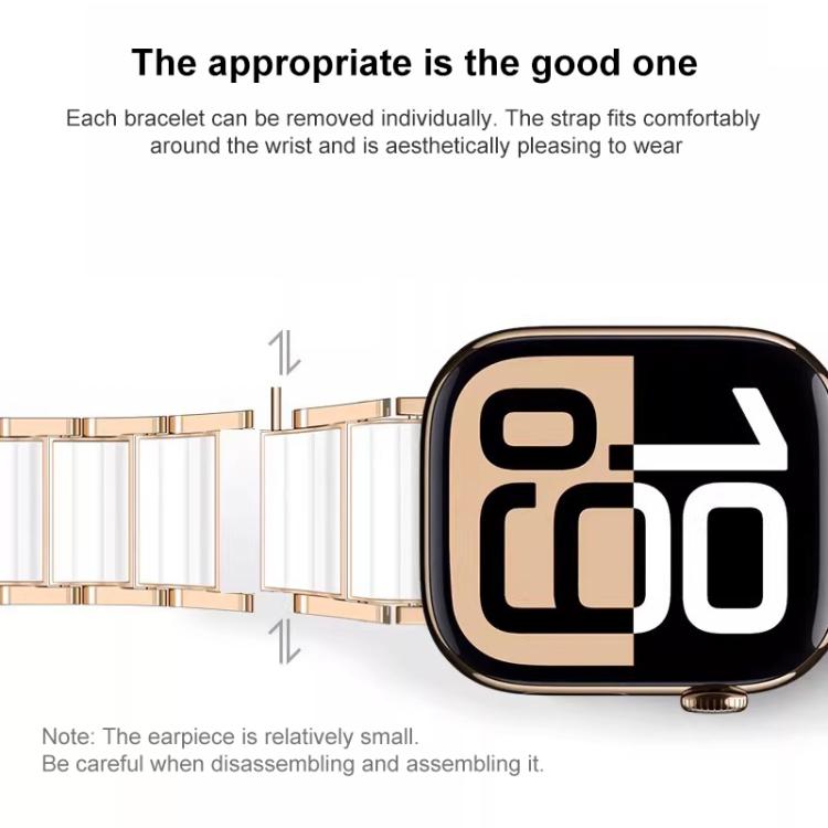 Rose gold and white ceramic stainless steel band with removable links beside a smartwatch.