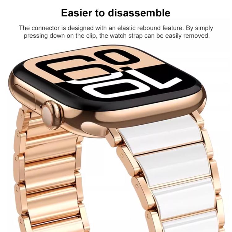 Close-up of a rose gold and white ceramic stainless steel band attached to a smartwatch.