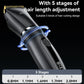 Black cordless hair clipper with gold blade and 5-stage length selector shown.