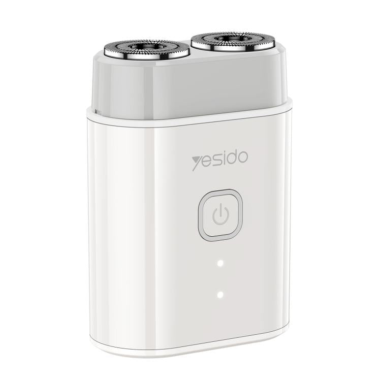 Portable electric shaver with two round foil heads and power button, white body
