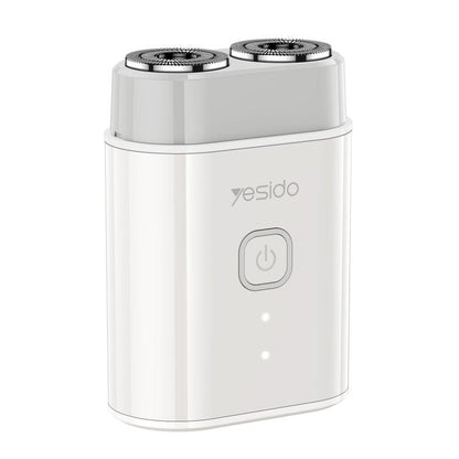 Portable electric shaver with two round foil heads and power button, white body
