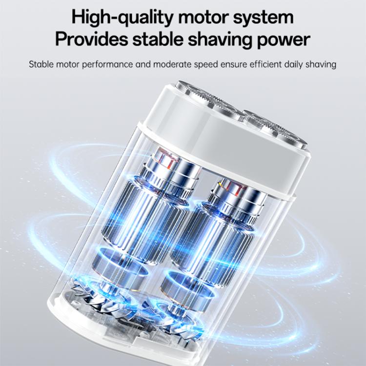 Electric shaver cutaway showing internal motor with blue light, white housing