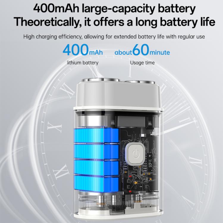 Electric shaver cutaway showing blue battery cells behind transparent cover