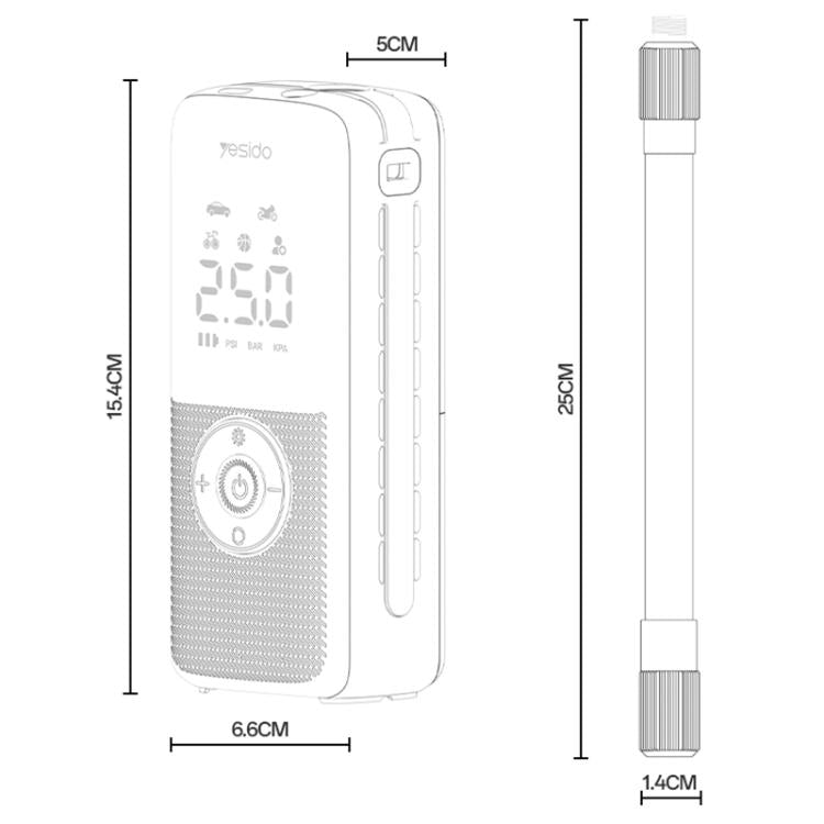 Cordless tire inflator with hose, shown with size dimension diagram