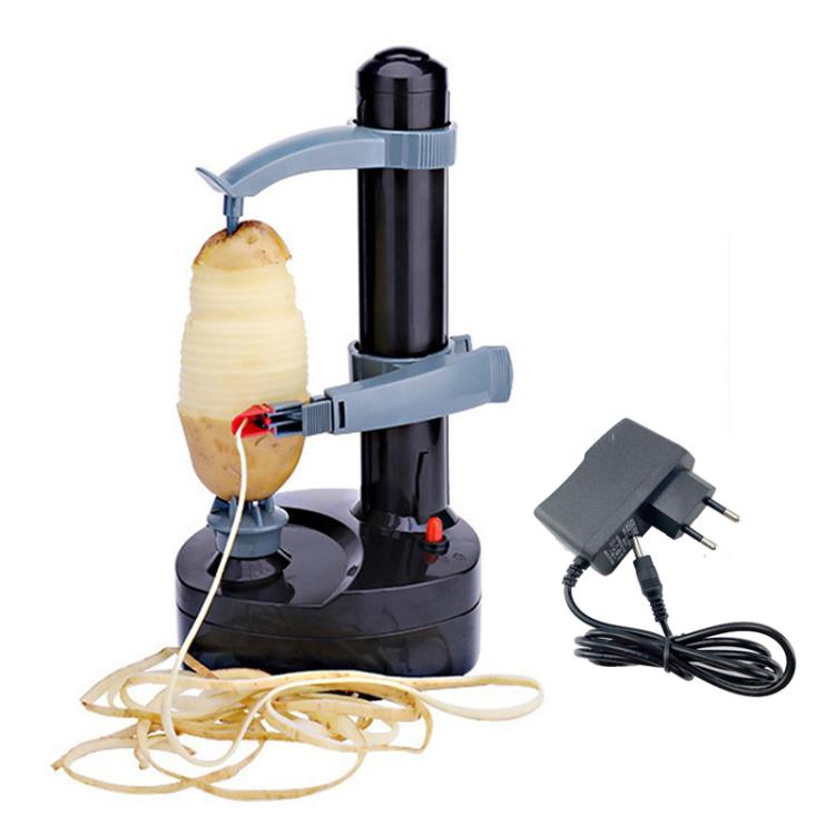 Black electric vegetable peeler with power adapter and attached cord