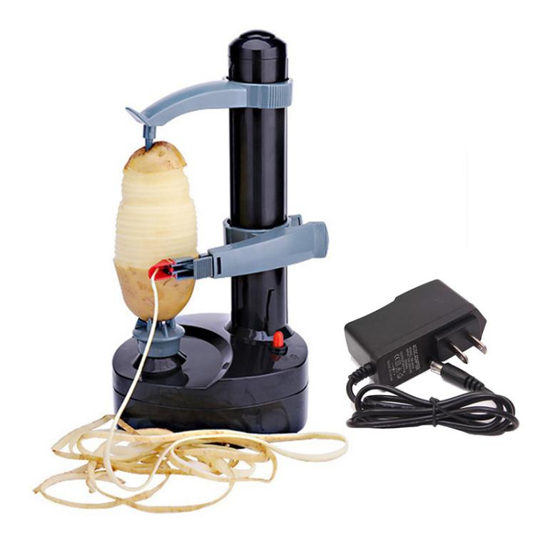 Black electric peeler base with power adapter and vegetable spiral shavings