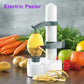 White electric vegetable peeler producing spiral peel ribbons from potato