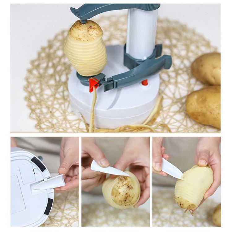 Electric vegetable peeler showing potato peeling and removed skin pieces