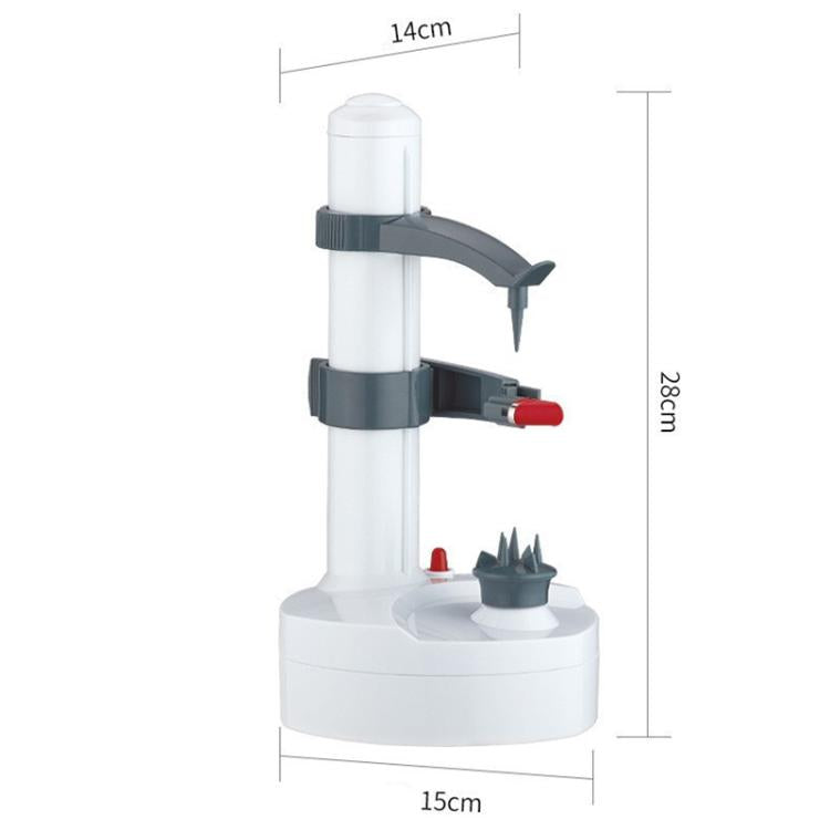 Automatic electric vegetable and fruit peeler, white base with clear column and black arm