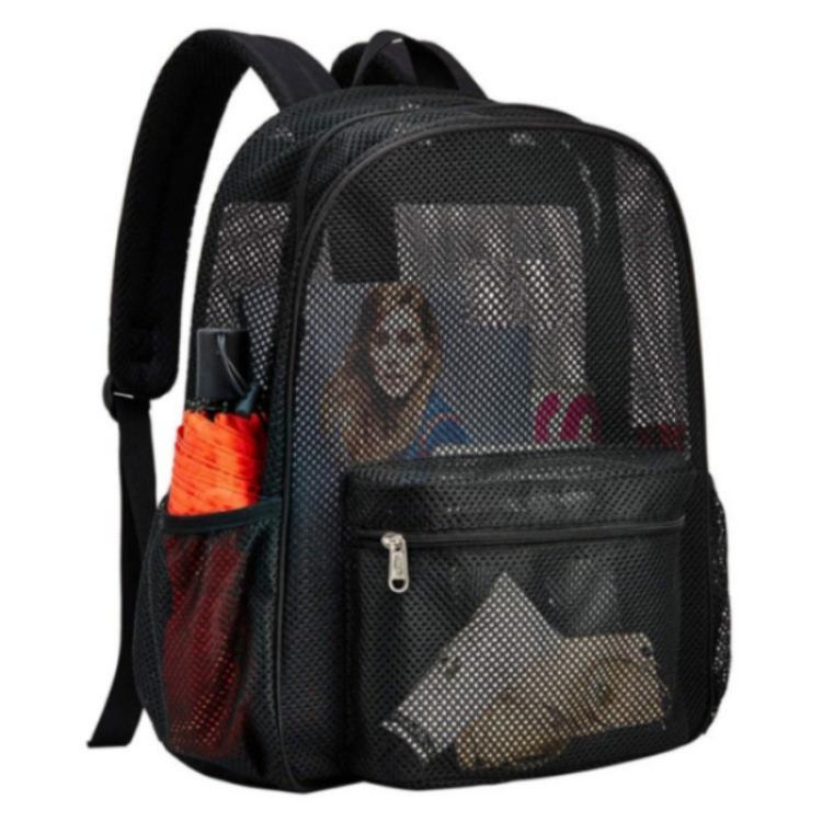 Black mesh double-shoulder backpack with front zip pocket and clear mesh front