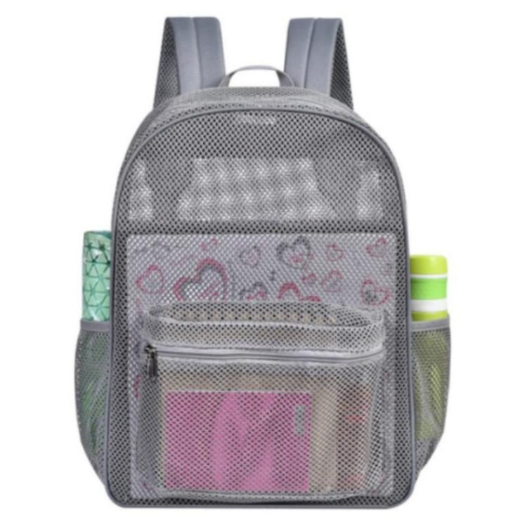 Grey mesh double-shoulder backpack with front zip pocket and clear mesh front