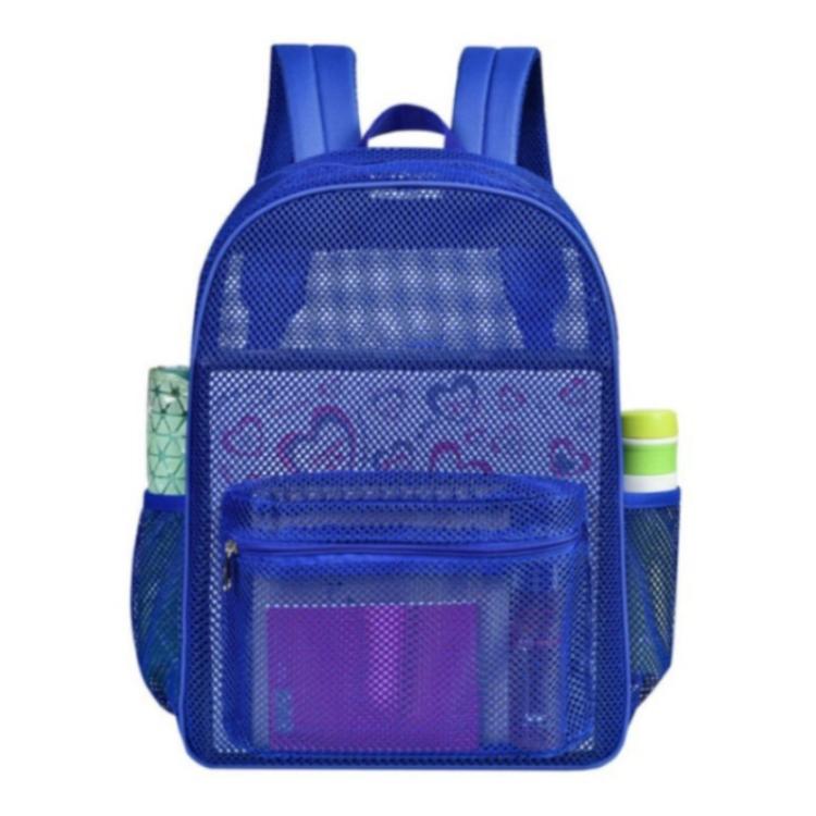 Blue mesh double-shoulder backpack with front zip pocket and clear mesh front