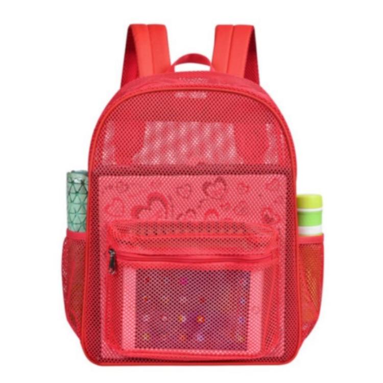 Red mesh double-shoulder backpack with front zip pocket and clear mesh front
