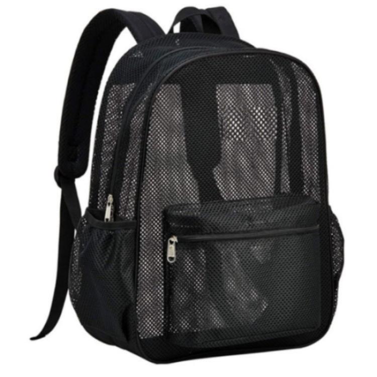 Black mesh double-shoulder backpack with side strap and front zip pocket