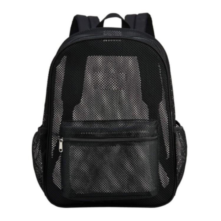 Black mesh double-shoulder backpack with front zip pocket and front mesh panels