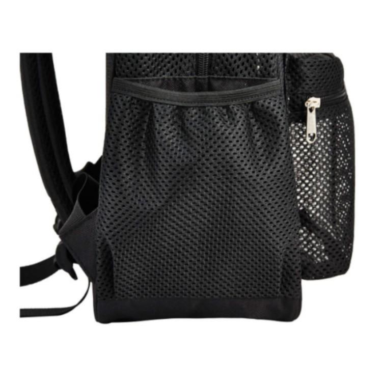Black mesh double-shoulder backpack back panel with zip pocket and carry strap