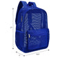 Blue mesh double-shoulder backpack with front zip pocket, 17 in tall, 12.6 in wide