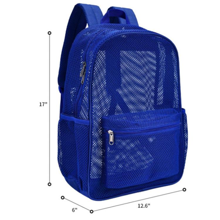 Blue mesh double-shoulder backpack with front zip pocket, 17 in tall, 12.6 in wide