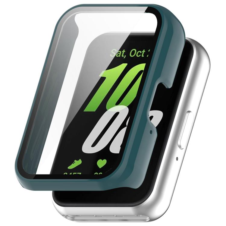 Dark teal watch case with integrated screen protector, shown fitted over a smartwatch