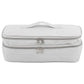 Light gray rectangular cosmetic storage bag with double zippers and carry handle