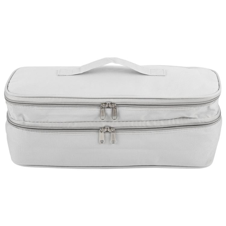 Light gray rectangular cosmetic storage bag with double zippers and carry handle