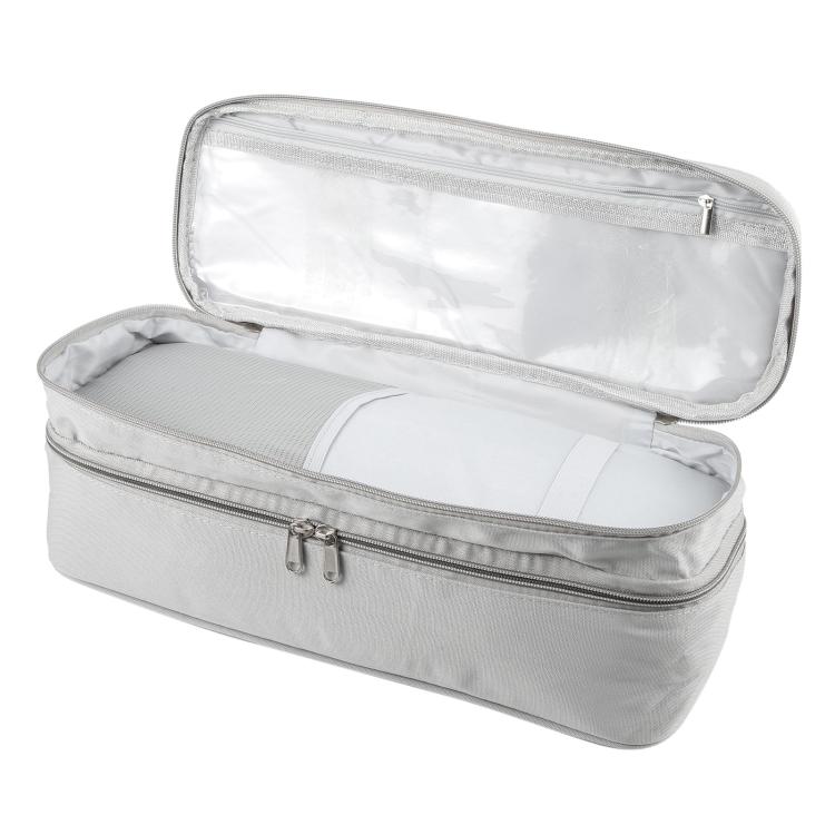 Light gray cosmetic bag open with inner clear zip pouch for toiletries