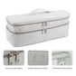 Light gray dual-compartment cosmetic bag with double zippers and reinforced lining